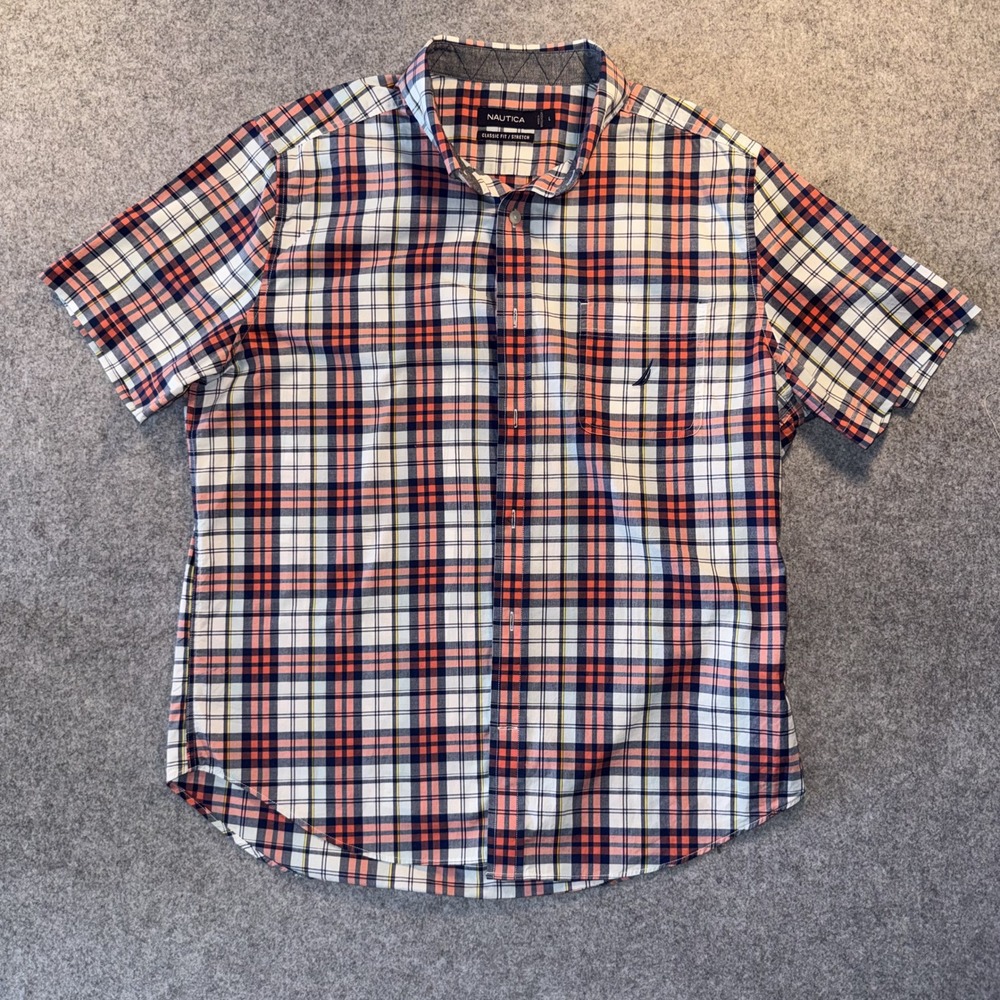 Nautica Classic‎ Fit Stretch Button Down Shirt Large Orange Navy Plaid Cotton